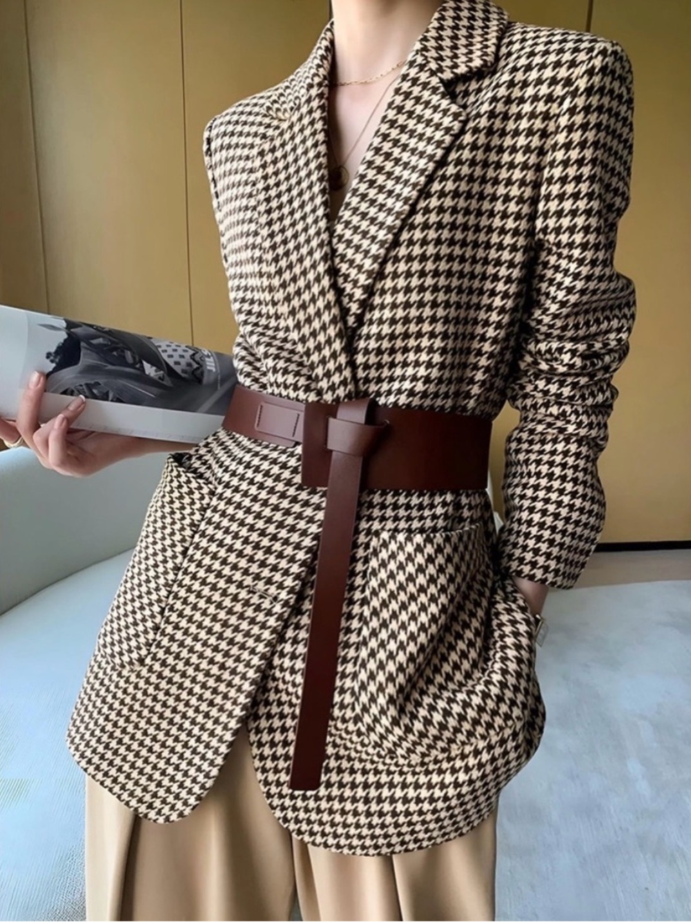 COMMENSE Houndstooth Belted Blazer – NWT – Size Large